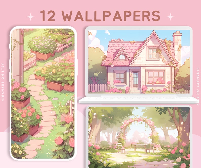 May include: A set of 12 digital wallpapers featuring cute, pastel-coloured illustrations of a house, a garden path, and a floral archway. The illustrations are in a soft, whimsical style.