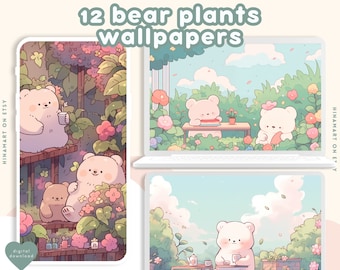 Cute bear plants wallpaper pack adorable kawaii animals bear garden whimsical wallpapers flower cottagecore phone wallpaper lock screen