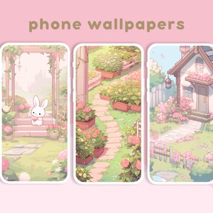 May include: Three phone wallpapers featuring a cute bunny holding a heart, a garden path with flowers, and a cottage with a flower-filled garden.