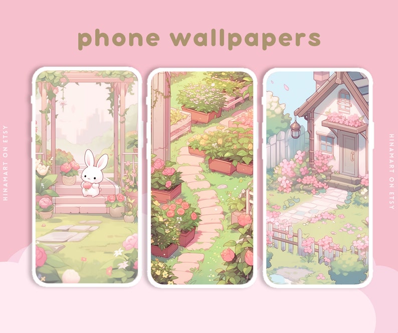 May include: Three phone wallpapers featuring a cute bunny holding a heart, a garden path with flowers, and a cottage with a flower-filled garden.
