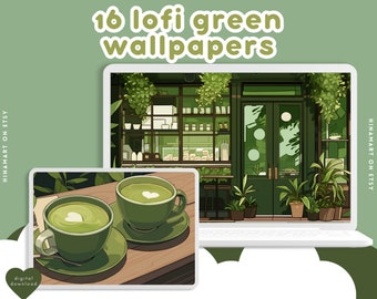 Lofi Matcha Green Wallpapers Pack cute art kawaii scenery cat coffee background cozy anime wallpaper desktop phone digital download