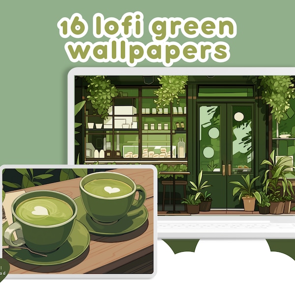 Lofi Matcha Green Wallpapers Pack cute art kawaii scenery cat coffee background cozy anime wallpaper desktop phone digital download