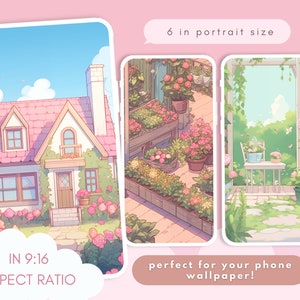 May include: Three digital phone wallpapers featuring a pink house with a green roof, a garden with flowers and plants, and a patio with a table and chairs. The wallpapers are designed in a 9:16 aspect ratio and are 6 inches in portrait size.
