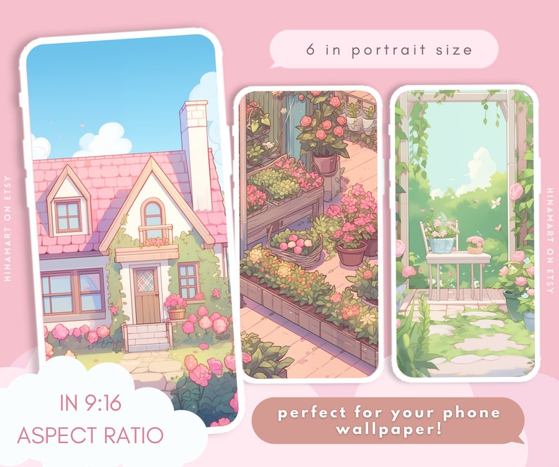 May include: Three digital phone wallpapers featuring a pink house with a green roof, a garden with flowers and plants, and a patio with a table and chairs. The wallpapers are designed in a 9:16 aspect ratio and are 6 inches in portrait size.