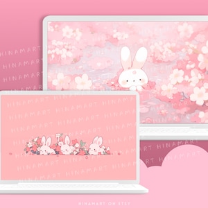 Sakura Bunny Lofi - Conjunto de fondos de pantalla para escritorio, iconos, organizador de escritorio rosa, flores kawaii, carpeta, fondo, paquete estético para Windows y Mac imagen 5