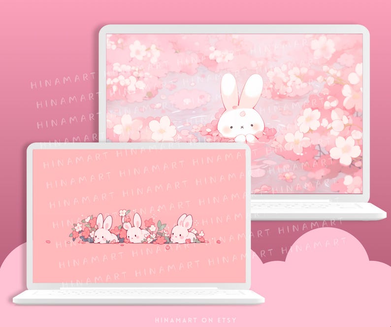 Sakura Bunny Lofi - Conjunto de fondos de pantalla para escritorio, iconos, organizador de escritorio rosa, flores kawaii, carpeta, fondo, paquete estético para Windows y Mac imagen 5