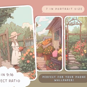 May include: A digital illustration of a girl in a white dress and a straw hat standing in a garden with a basket of fruit. The background features a house with a porch and a garden with flowers and plants. The image is in a 9:16 aspect ratio and is 7 inches in portrait size.