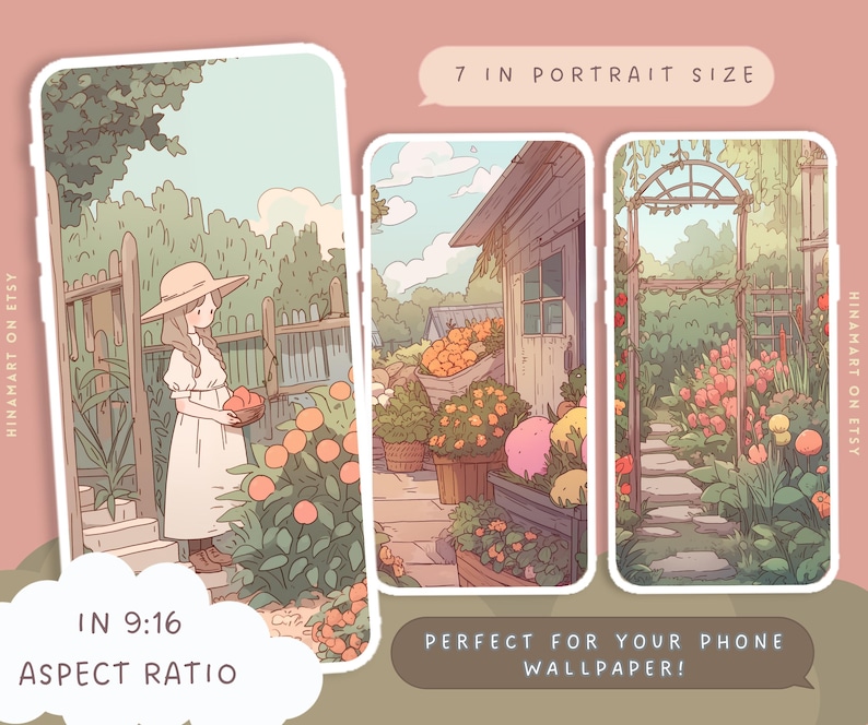 May include: A digital illustration of a girl in a white dress and a straw hat standing in a garden with a basket of fruit. The background features a house with a porch and a garden with flowers and plants. The image is in a 9:16 aspect ratio and is 7 inches in portrait size.