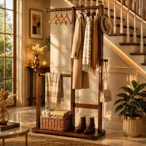 May include: A dark brown wooden coat rack with a hat, purse, and several garments. A tan coat, patterned scarf, and other clothing hang on the rack. A woven basket holds folded blankets. Brown leather boots sit on the base.