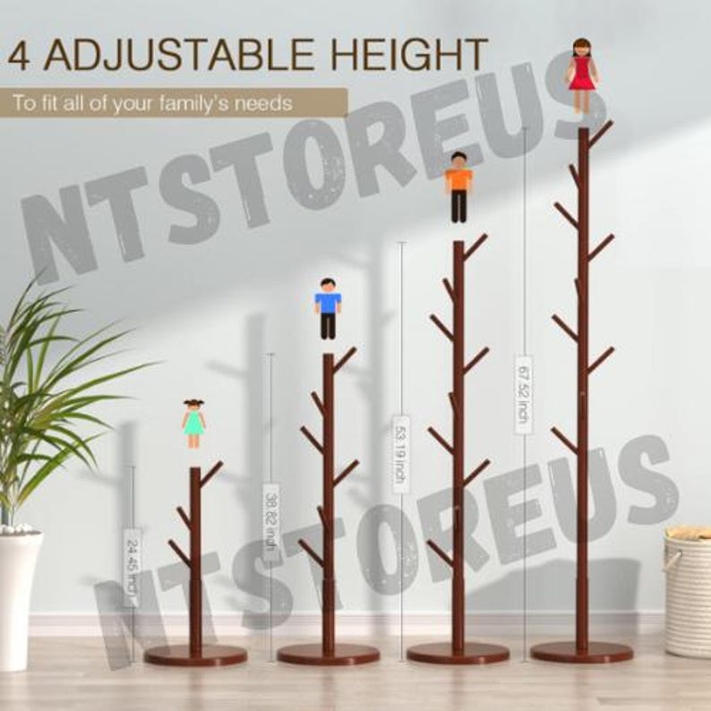 May include: Four brown wooden coat racks with branches, each adjustable to four different heights: 24.45 inches, 38.82 inches, 53.19 inches, and 67.52 inches.  The text "4 ADJUSTABLE HEIGHT" and "To fit all of your family's needs" is at the top of the image.