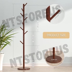 May include: A brown wooden coat rack with six branches for hanging clothes. The rack is 67.52 inches tall and has a 12.99 inch diameter base. PRODUCT SIZE is written on a beige rectangle.