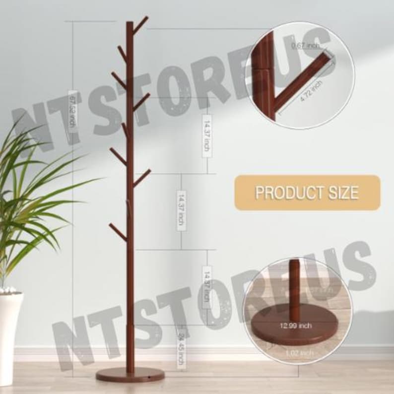 May include: A brown wooden coat rack with six branches for hanging clothes. The rack is 67.52 inches tall and has a 12.99 inch diameter base. PRODUCT SIZE is written on a beige rectangle.