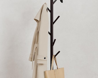 Solid Wood Standing Coat Rack: Adjustable Height, 9 Hooks