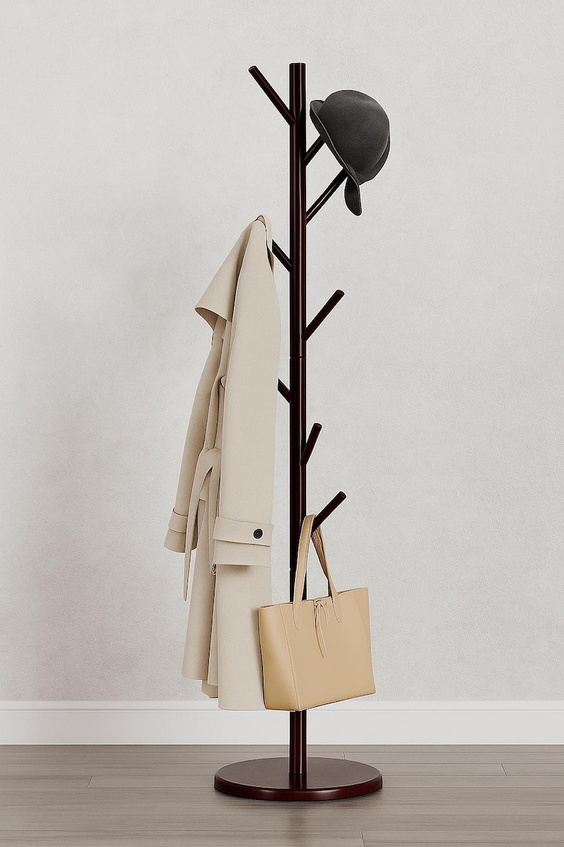 Solid Wood Standing Coat Rack: Adjustable Height, 9 Hooks image 1