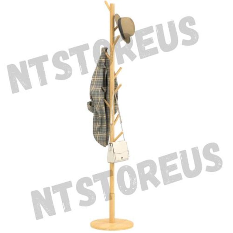 May include: A wooden coat rack with multiple branches for hanging clothes and accessories. The rack is made of natural wood and has a round base.