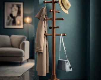 Wooden Coat Rack Tree, 12 Hooks, Adjustable Height, Freestanding Entryway Organizer
