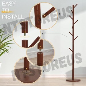 May include: A brown wooden coat rack with multiple branches for hanging clothes. The rack is assembled with screws and has a round base. The image shows the assembly process with close-up shots of the screws and base.