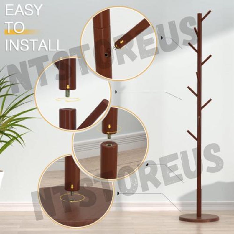 May include: A brown wooden coat rack with multiple branches for hanging clothes. The rack is assembled with screws and has a round base. The image shows the assembly process with close-up shots of the screws and base.