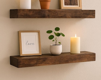 Rustic Brown Floating Shelves, Wall Mounted, Set of 2