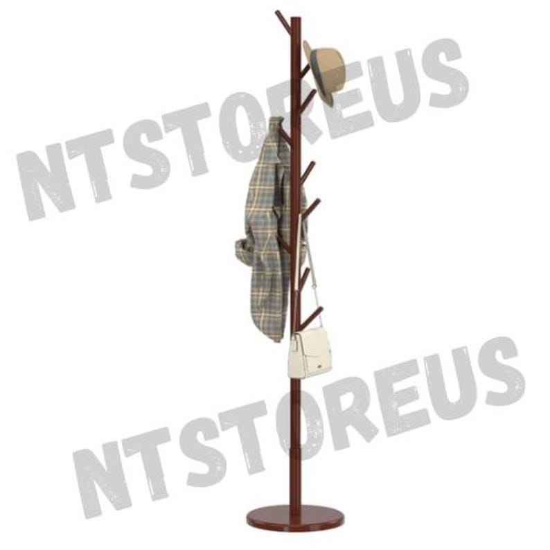 May include: A brown wooden coat rack with multiple branches for hanging clothes and accessories. It has a round base and a hat on one of the branches.