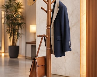 Rubberwood Coat Rack Stand – Caramel Brown Hall Tree with 10 Hooks