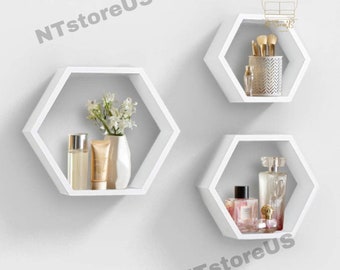 Set of 3 Handmade Wood Hexagon Floating Shelves: Crystal Display