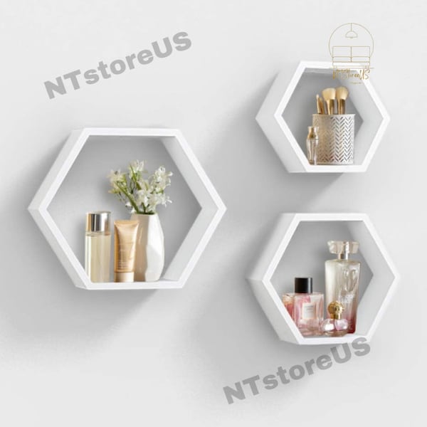 Set Of 3 Hexagon Shelves | Honeycomb Shelves | Floating Shelves | Wall Mounted Shelves | Crystal Display Shelves , Wood Hexagon Shelf