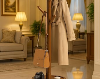 Wooden Coat Rack with 8 Hooks – Freestanding Coat Tree with Shelf, Adjustable Height 50.5''–72.6'', Coat Hanger Stand for Bags, Hats Brown"