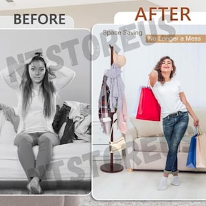 May include: Before and after image showing a space saving coat rack. The before image shows a messy couch with clothes piled on it. The after image shows a woman standing next to the coat rack with her shopping bags. The text on the image reads "Space Saving" and "No Longer a Mess".