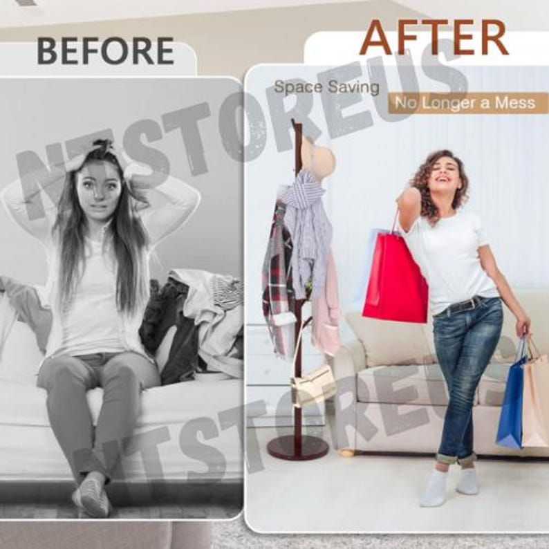 May include: Before and after image showing a space saving coat rack. The before image shows a messy couch with clothes piled on it. The after image shows a woman standing next to the coat rack with her shopping bags. The text on the image reads "Space Saving" and "No Longer a Mess".