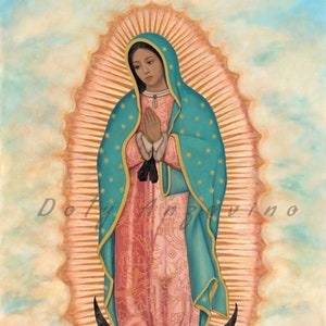 May include: A painting of the Virgin Mary, also known as Our Lady of Guadalupe, depicted in a blue and pink robe with a golden halo. She is standing on a crescent moon with an angel with wings below her.