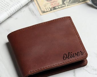 Personalized Leather Mens Wallet, Gift for Anniversary, Graduation, Dad, Boyfriend, Him, Husband, Father, Handwriting Engraved Custom Wallet