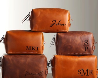 Gepersonaliseerde leren toilettas voor heren, cadeaus bruidsjonkers, gegraveerde dopp-kit, kerstcadeau voor hem, reistoilettas, leren accessoire