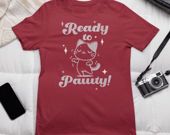 ¡Listo para la fiesta! Camiseta de manga corta unisex, camiseta divertida con gato, camiseta con gráfico divertido, regalos para amantes de los gatos, camiseta linda con gato