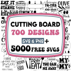 Könnte beinhalten: Eine pinkfarbene und schwarze Grafik mit dem Text "Cutting Board 700 Designs SVG & PNG + 5000 Free SVGs". Die Grafik ist von verschiedenen schwarz-weißen Designs zum Thema Küche umgeben, darunter Text, Bilder von Küchenutensilien und Essen.