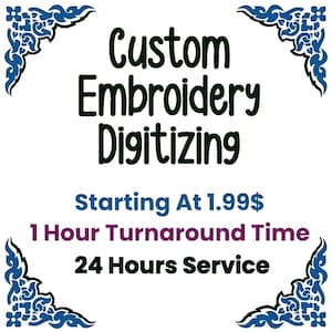 Puede incluir: Fondo blanco con el texto "Custom Embroidery Digitizing" en verde oscuro. Debajo, en azul, dice "Starting At 1.99$". Texto adicional en morado y negro indica "1 Hour Turnaround Time" y "24 Hours Service". Diseños decorativos azules en las esquinas.