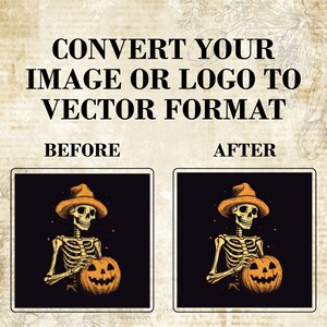 Puede incluir: Imagen antes y despu&eacute;s que muestra la diferencia entre una imagen rasterizada y una imagen vectorial. La imagen muestra un esqueleto con un sombrero y sosteniendo una calabaza. La imagen de la izquierda es una imagen rasterizada y la imagen de la derecha es una imagen vectorial.