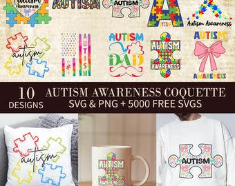 Autismus Bewusstsein Coquette PNG & SVG Bundle: Puzzle Ribbon, Schleifen (Digitaler Download)