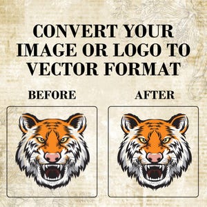 Puede incluir: Imagen antes y despu&eacute;s que muestra una ilustraci&oacute;n de cabeza de tigre. La imagen de la izquierda es una imagen rasterizada, y la imagen de la derecha es una imagen vectorial. El texto sobre las im&aacute;genes dice "Convierte tu imagen o logotipo a formato vectorial".