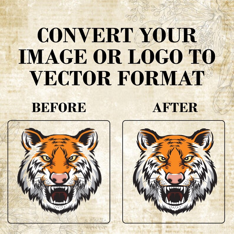 Puede incluir: Imagen antes y despu&eacute;s que muestra una ilustraci&oacute;n de cabeza de tigre. La imagen de la izquierda es una imagen rasterizada, y la imagen de la derecha es una imagen vectorial. El texto sobre las im&aacute;genes dice "Convierte tu imagen o logotipo a formato vectorial".