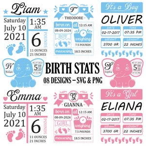 Faire-part de naissance svg | Statistiques de naissance svg | Modèle de souvenir de bébé svg | Statistiques de naissance Éléphant Svg | Modèle de statistiques sur les bébés | Petite fille, petit garçon