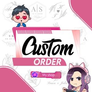 May include: A pink and white graphic with the words "Custom Order" in a bold, black font. The image includes cartoon illustrations of people and decorative floral elements. The text "My shop" is also visible.