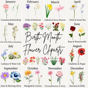 Clipart di fiori del mese di nascita / PNG di fiori di nascita / Bouquet di fiori del mese di nascita / Regalo per la festa della mamma / Fiori del mese di nascita ad acquerello / Floreale