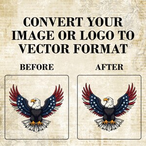 Puede incluir: Imagen antes y despu&eacute;s que muestra la diferencia entre una imagen rasterizada y una imagen vectorial. La imagen muestra un &aacute;guila con alas rojas, blancas y azules. La imagen anterior est&aacute; pixelada, mientras que la imagen posterior es n&iacute;tida y limpia.