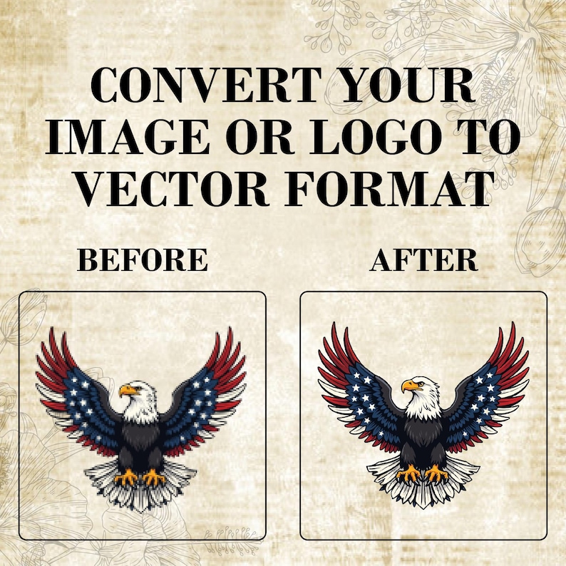 Puede incluir: Imagen antes y despu&eacute;s que muestra la diferencia entre una imagen rasterizada y una imagen vectorial. La imagen muestra un &aacute;guila con alas rojas, blancas y azules. La imagen anterior est&aacute; pixelada, mientras que la imagen posterior es n&iacute;tida y limpia.