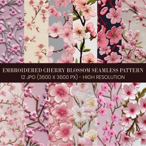 Motif brodé fleurs de cerisier sans couture, lot d'impressions fleurs de cerisier, papier de scrapbooking fleurs, papier contact motif broderie fleurs