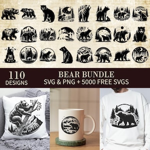 Op de afbeelding: Een digitale download van 110 berenillustraties in zwart-wit. De illustraties zijn in verschillende poses en stijlen, waaronder beren die staan, zitten, lopen en slapen. De illustraties zijn perfect voor gebruik in knutselprojecten, scrapbooking en andere creatieve bezigheden. De tekst "BEAR BUNDLE SVG & PNG + 5000 FREE SVGS" wordt onder de illustraties weergegeven.