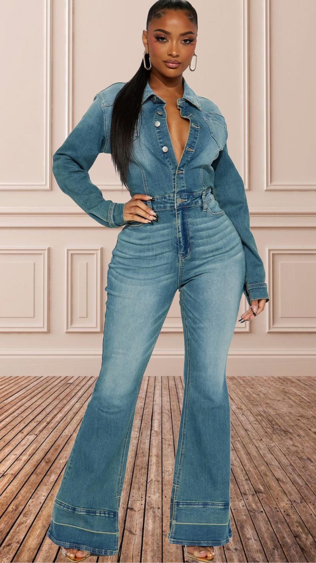 Vintagestyle Denim Jumpsuit With Long Sleeves, Denim Jumpsuit, Fall