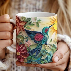 Stained Glass Hummingbird Mug Colorful Bird Coffee Cup Boho Ceramic Drinkware Unique Artistic Tea Mug Gift for Bird Lovers Spring Vibes