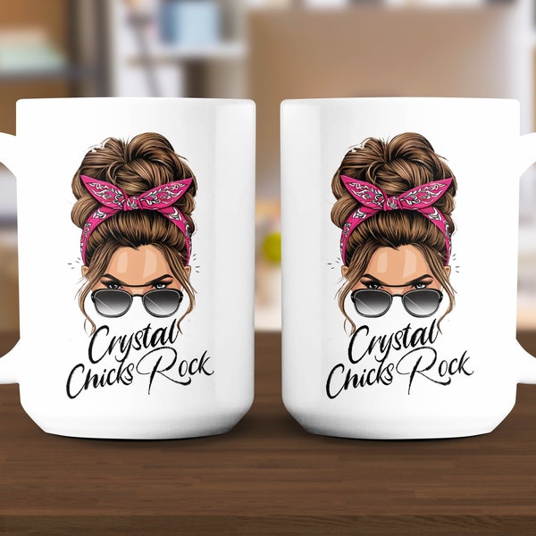 Stylish Top Knot Woman Mug, Crystal Chicks Rock, Fashionista Coffee Cup, Chic Girly Gift Idea